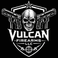 Logo of Vulcan Firearms LLC featuring a skull between two guns on a black background.